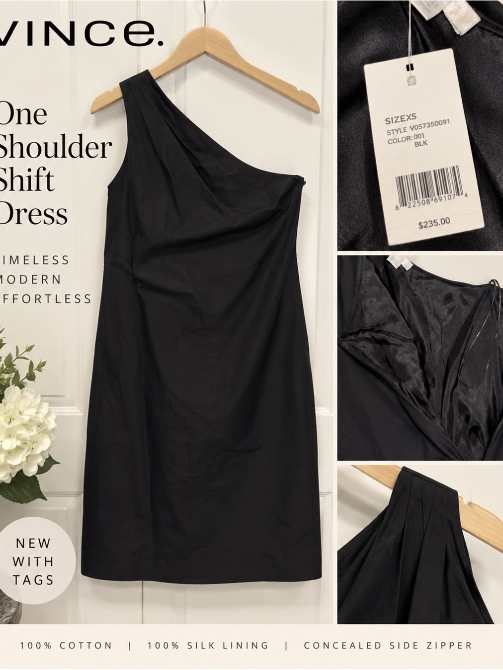 Vince One Shoulder Shift Dress XS Black Cotton Silk Lined Cocktail NWT $235